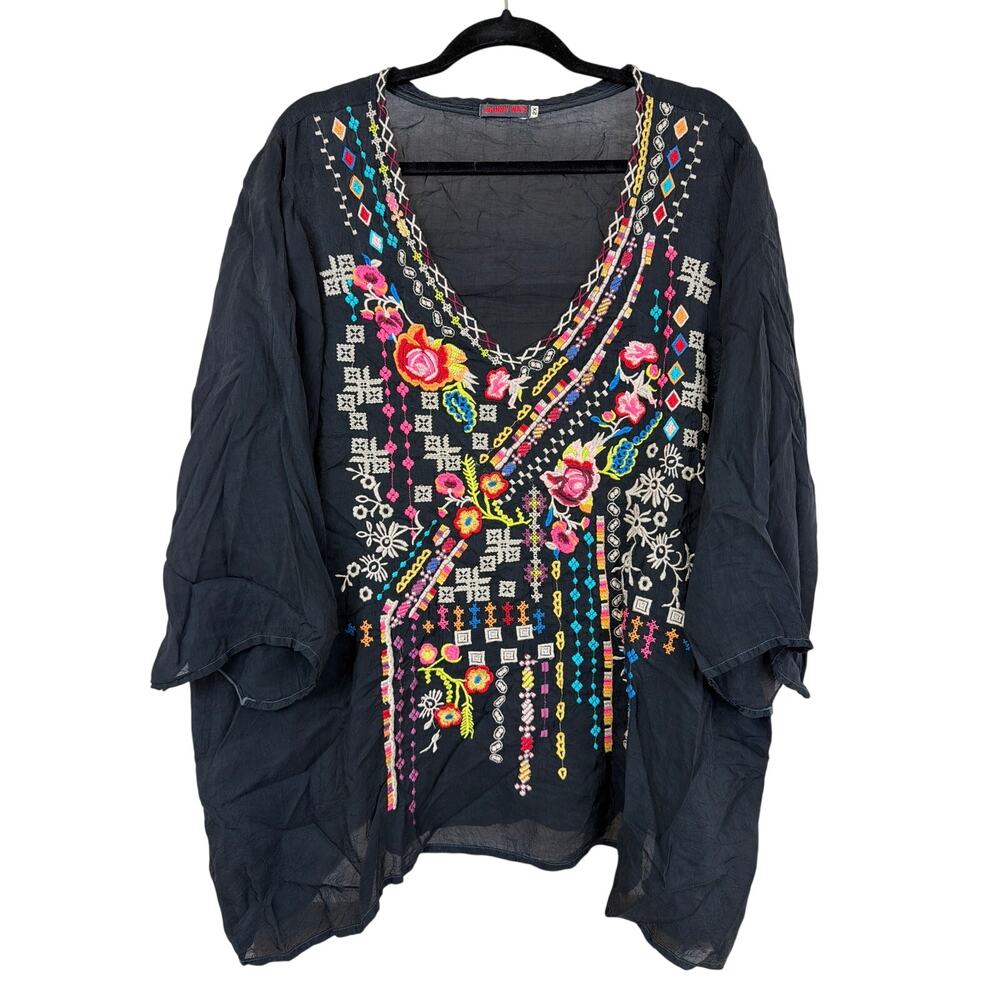 Johnny Was Black Multicolor Floral Embroidered V Neck Top 2X